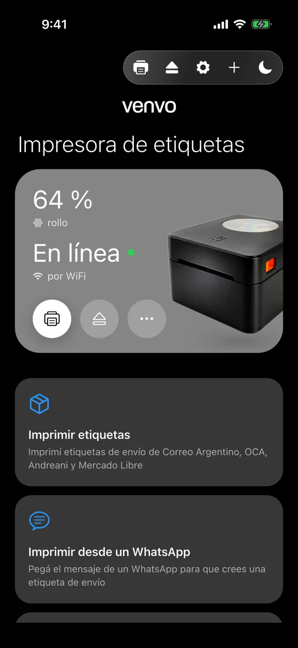 La pantalla principal de NV PrintStation: la impresora en línea y, abajo, Imprimir etiquetas e Imprimir desde un WhatsApp.