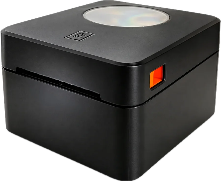 Una impresora de etiquetas térmica WiFi, negra y compacta.